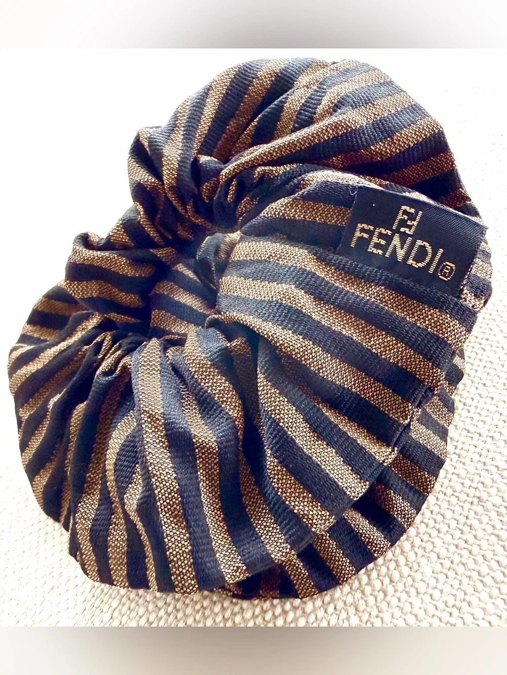 FENDI Vintage Pequin Pecan Stripe Scrunchie Brown Black Hair Tie